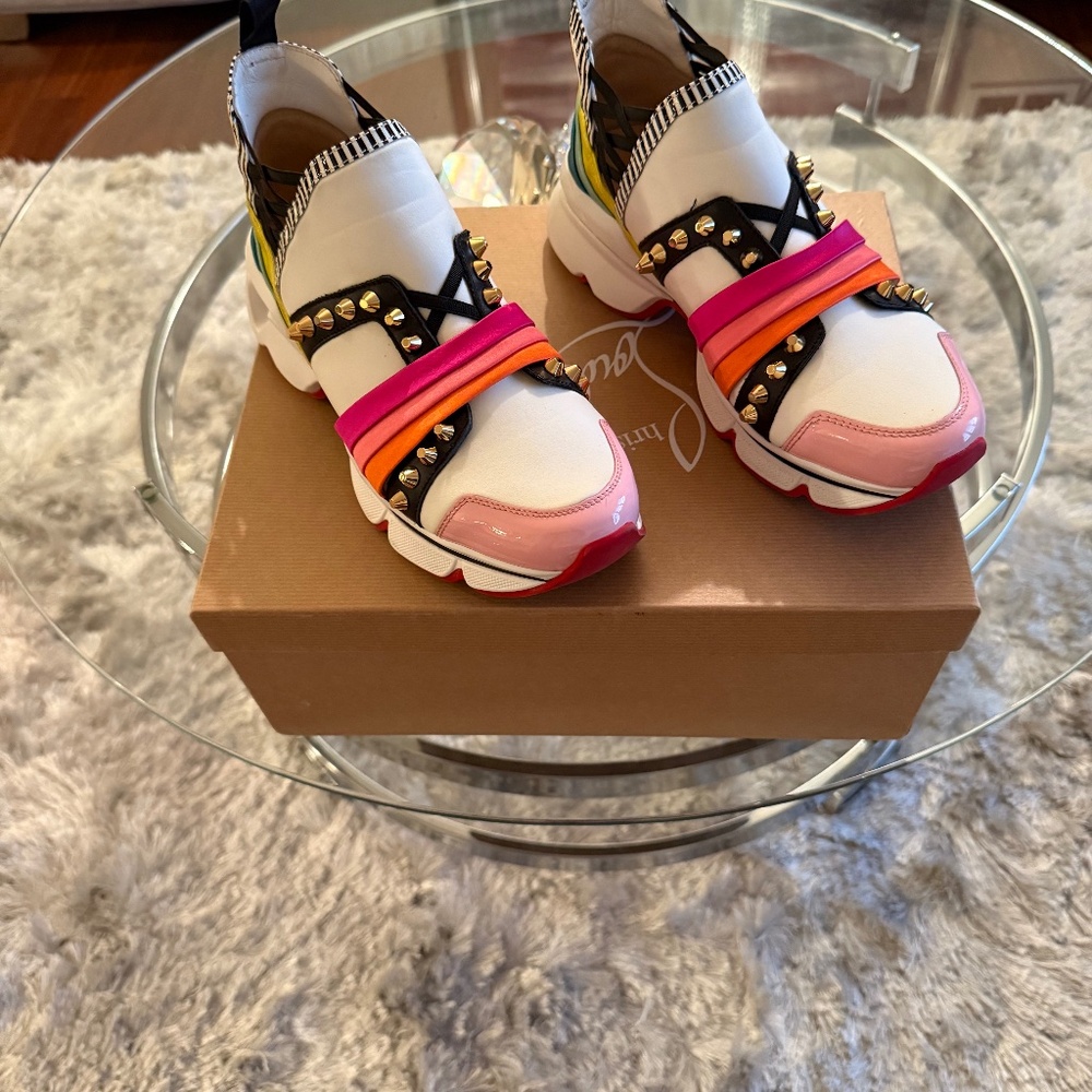 White with Multi Color Detail Christian Louboutin 123 Run Flat Sneaker 38